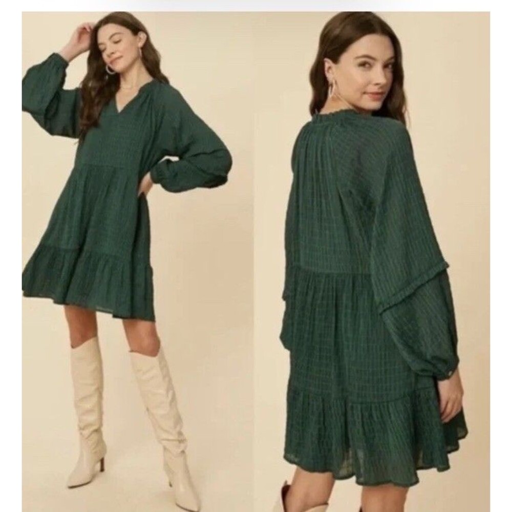 Maeve Green Amber Peasant Boho Festival Tiered Tunic Dress Size Small Modest